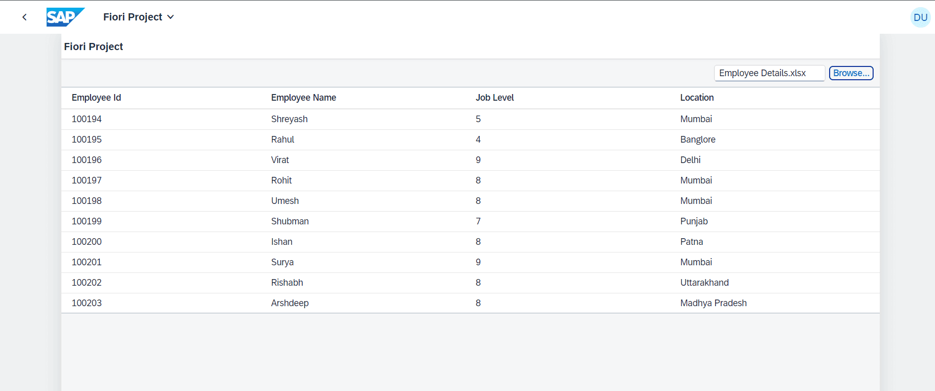 Display in Fiori Table